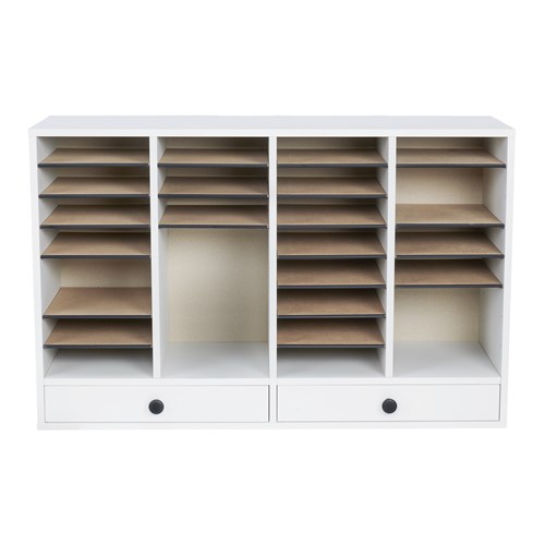 Wood Adjustable Literature Organizer, 32 Compartment w. Drawer